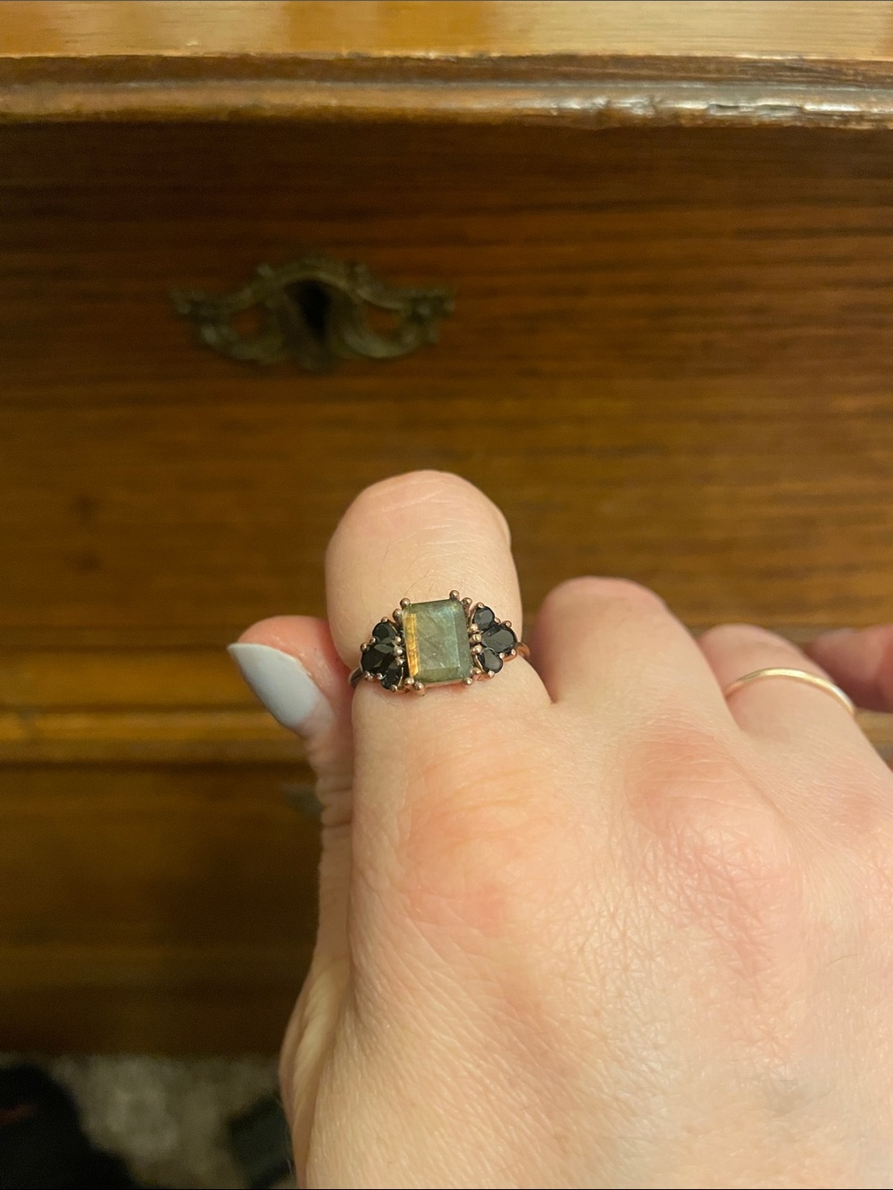 Gold-Tone Labradorite and Black Accent Ring